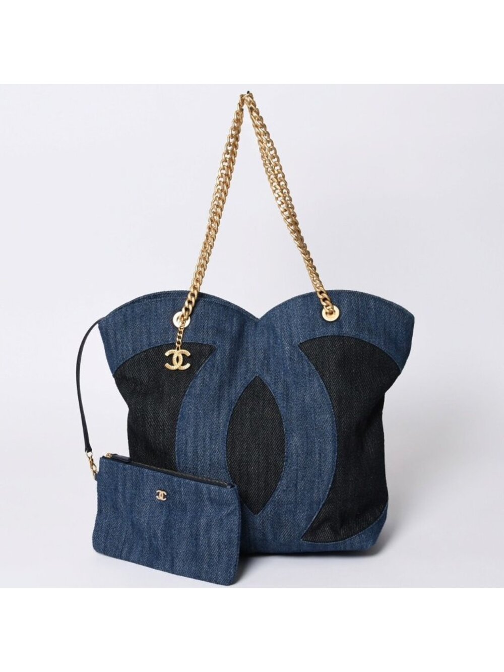 Chanel Chain Tote Bag Base CC Logo Denim Indigo Blue
